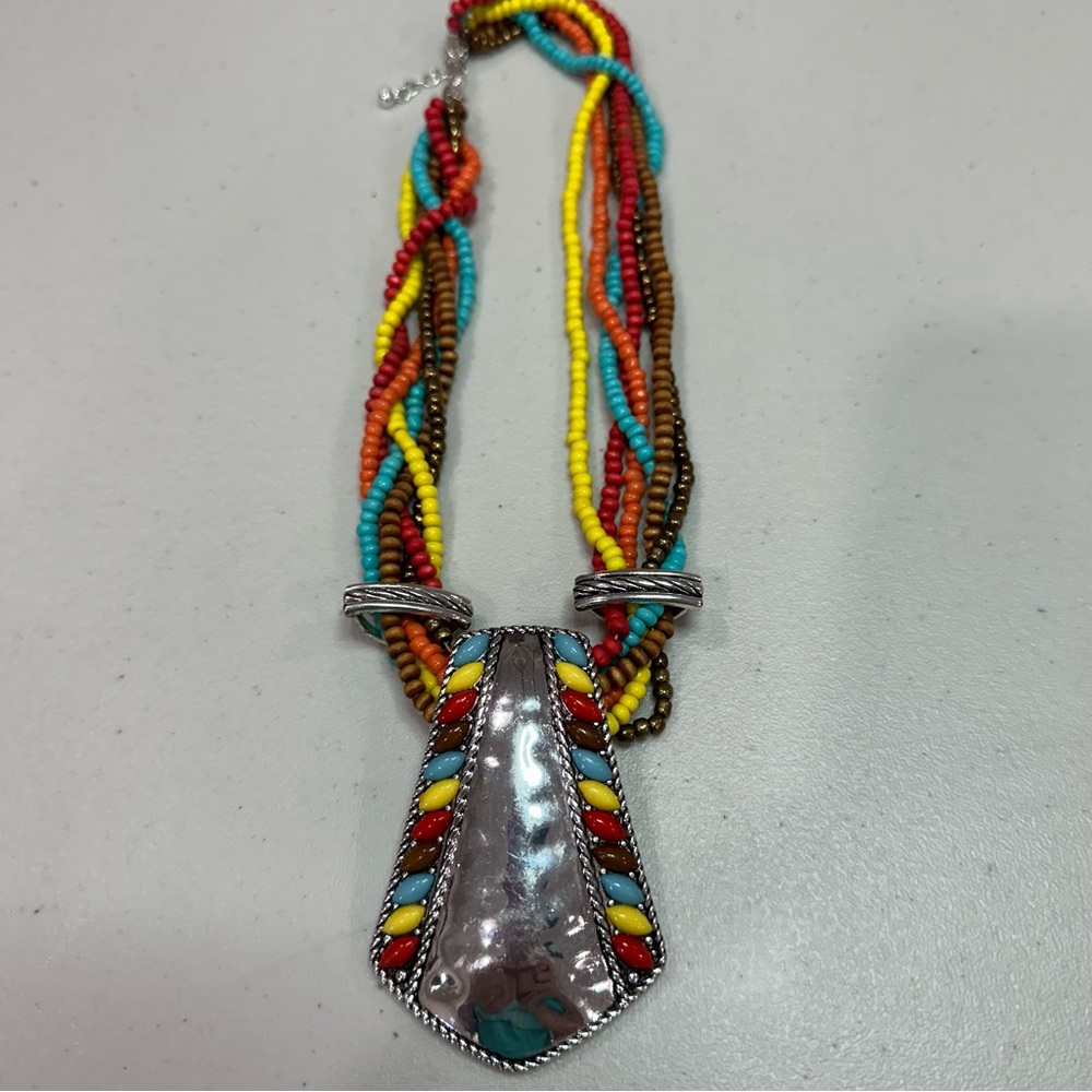 Multicolor Beaded Statement Necklace with Silver Pendant
